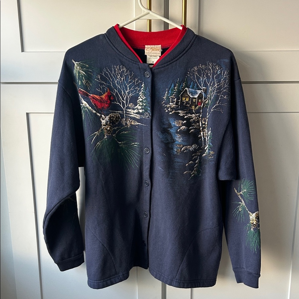 Vintage Winter Holiday Navy Cardigan with Winter Scene and Glitter Details
